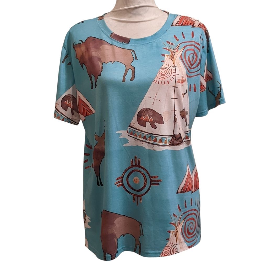 Southwest Tee Native Tribal Women Blue Buffalo Tepee XL